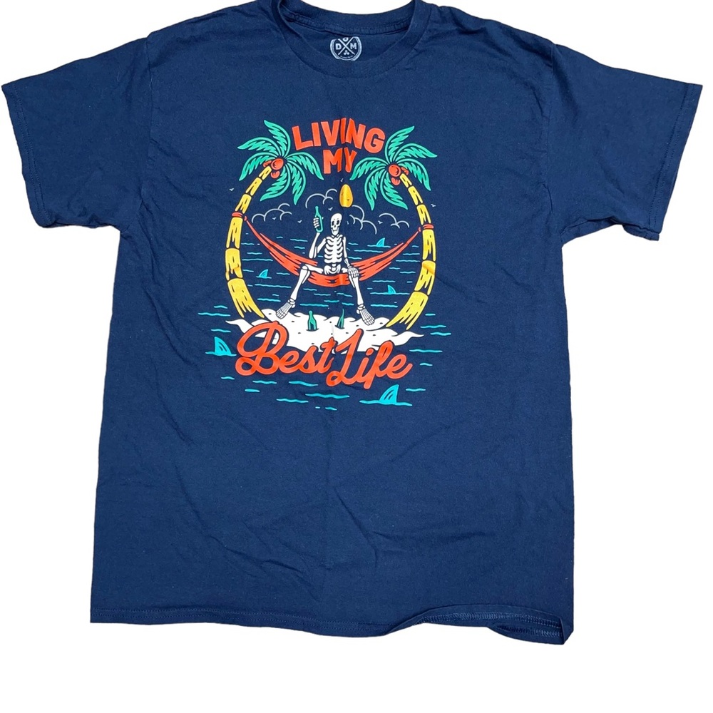 "Living My Best Life" Skeleton T-Shirt Large DOM Blue New With Tag Beach Life